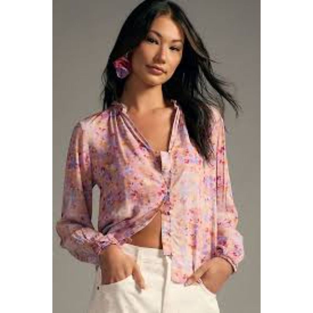 Cloth & Stone Ruffle Neck Button Down Blouse Sz L Peasant Floral Cottage Fairy